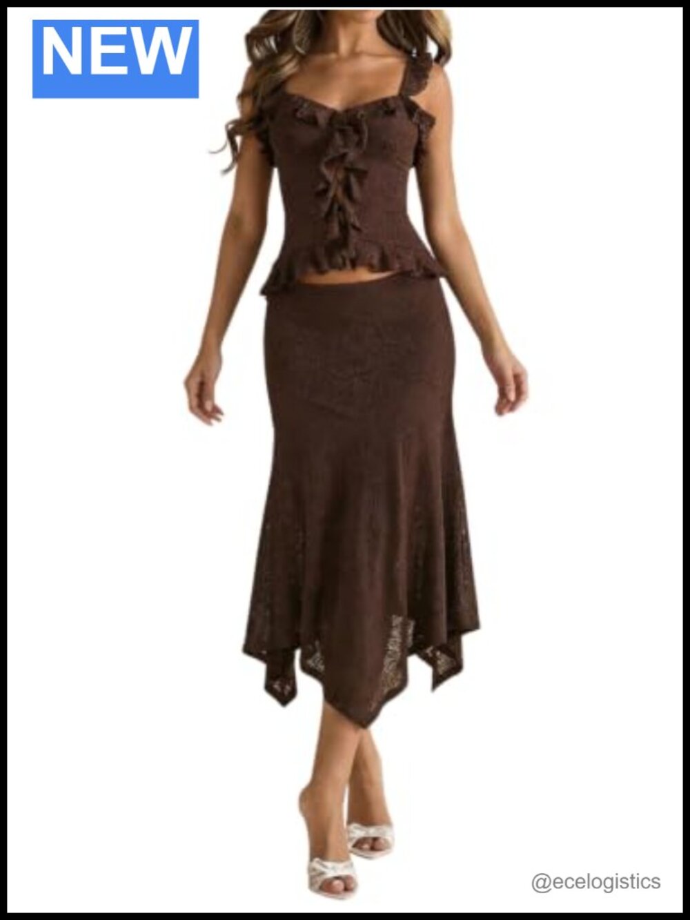 Boho Floral Lace Ruffle Midi Skirt Fitted Low Waist Polyester